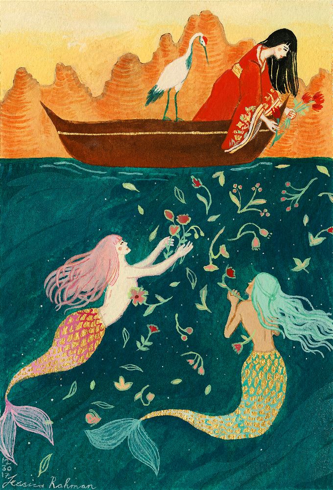 painting of a girl on a boat throwing flowers to mermaids