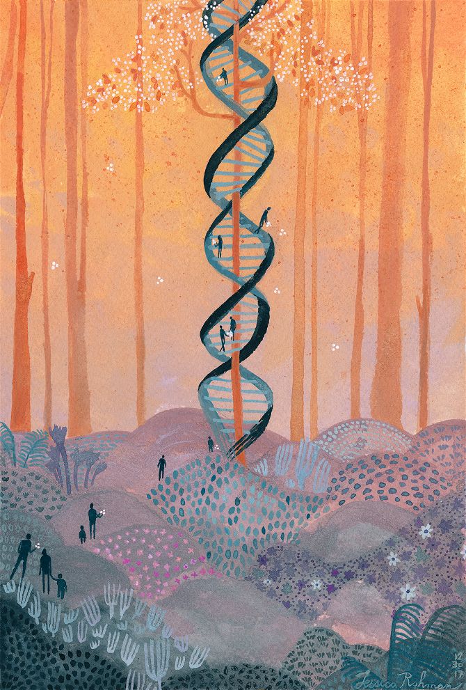 painting of people walking up a blooming double helix=