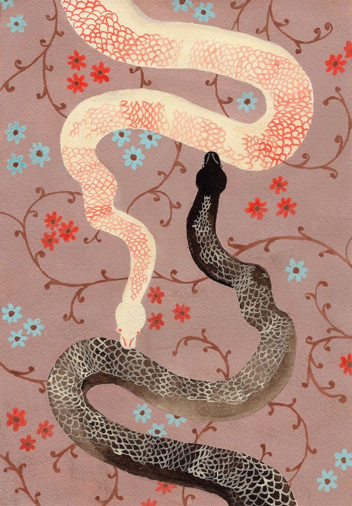 painting of two black and cream ball pythons