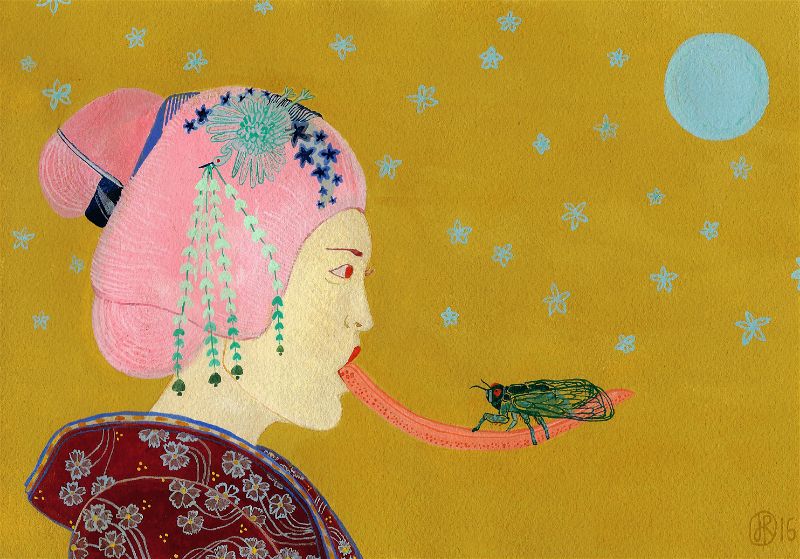 painting of a woman in a kimono with a cicada on her tongue