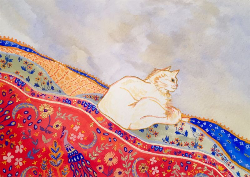 painting of a cat on a decorative robe