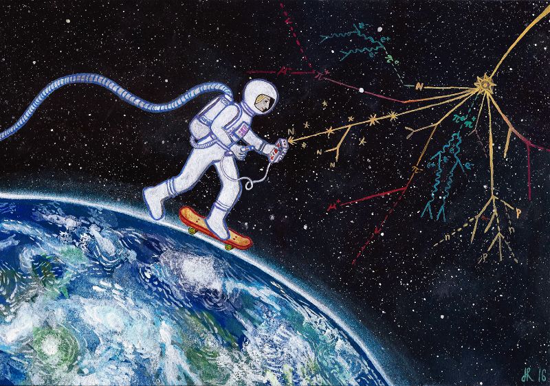 painting of an astronaut skating on the earth